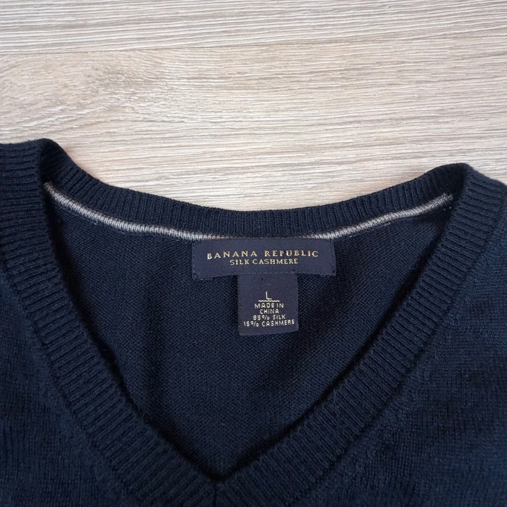 Banana Republic Mens V Neck Sweater Silk Cashmere Navy‎ Blue Size L